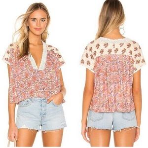 Free People Leilani Floral Mixed Media Oversized Crop Top with Crochet Neckline